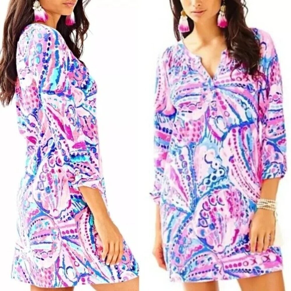 Lilly Pulitzer Essie Dress Womens Size XS Pink Colony Coral Shell Out 3/4 Sleeve